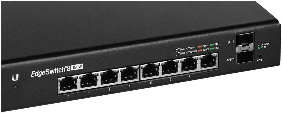 Šakotuvas UBIQUITI ES-8-150W Ubiquiti ES-8-150W 8 prievadų + 2xSFP Gigabit PoE jungiklis 24V/48V 802.3af/802.3at
