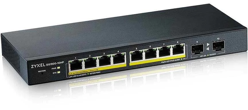 Šakotuvas ZYXEL GS1900-10HP V2, 8-PORT GBE L2 POE SMART SWITCH + 2 SFP SLOTS, 802.3AT, DESKTOP, FANLESS, 70 WATT (5Y WARRANTY)