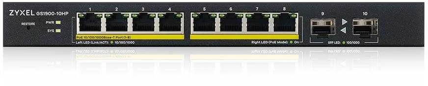 Šakotuvas ZYXEL GS1900-10HP V2, 8-PORT GBE L2 POE SMART SWITCH + 2 SFP SLOTS, 802.3AT, DESKTOP, FANLESS, 70 WATT (5Y WARRANTY)