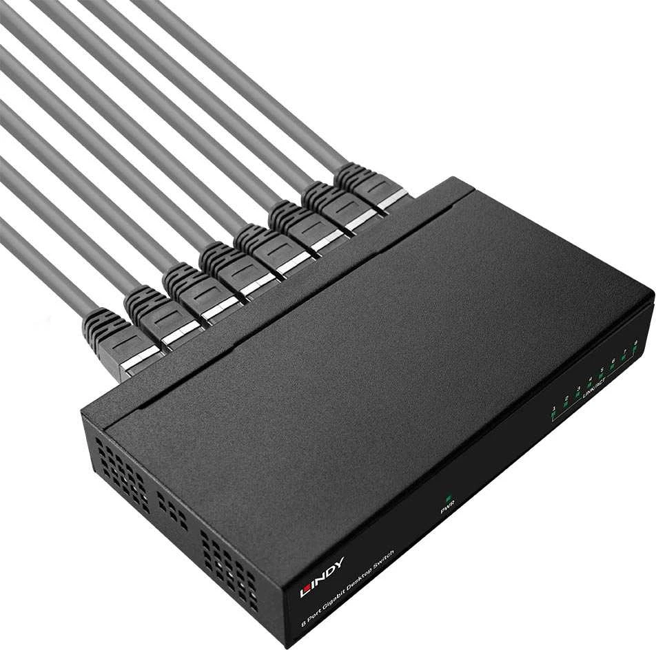 Šakotuvas Komutatorius - LINDY 8 prievadų Gigabit Ethernet darbalaukio jungiklis nevaldomas, 10/100/1000Mbps prievadai