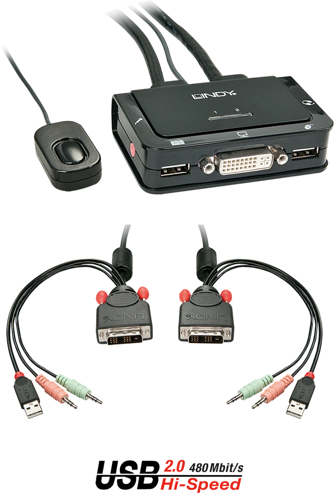 Lindy KVM Jungiklis - 2 Port DVI-D USB 2.0 Garso KVM 1920x1200@60Hz