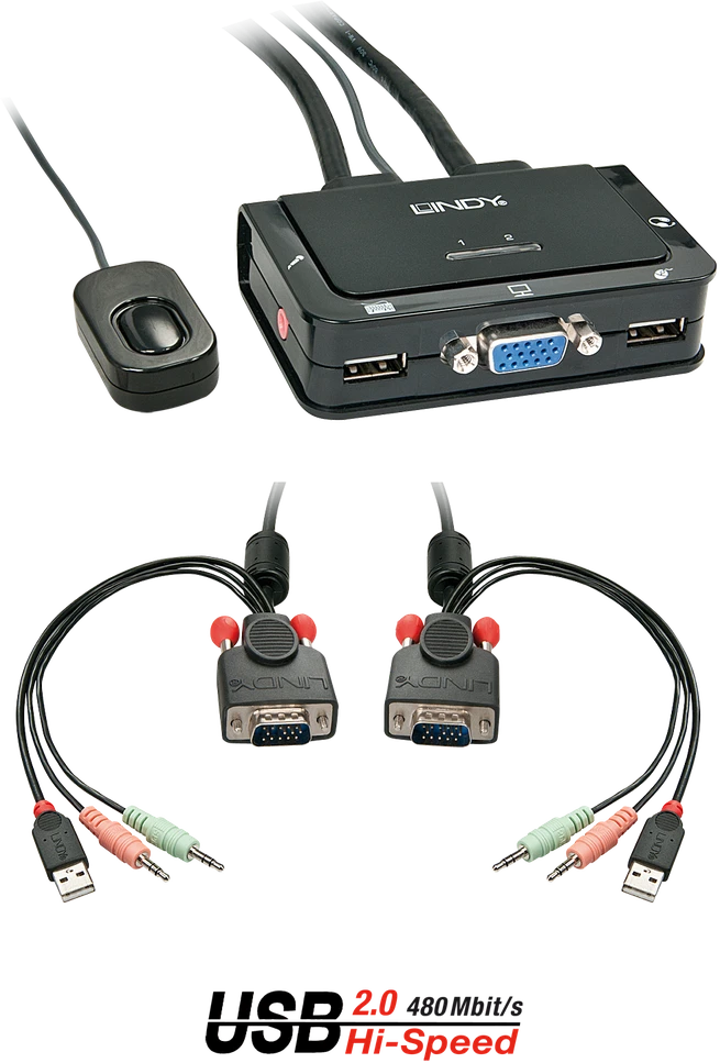 Lindy KVM Perjungiklis - 2 Port VGA USB 2.0 Garso KVM Perjungiklis 2048x1536@30Hz