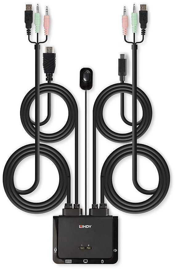 KVM jungiklis - LINDY 2 Prievadų HDMI 4K60, USB Type C KVM jungiklis, 3840x2160@60Hz, Juodas