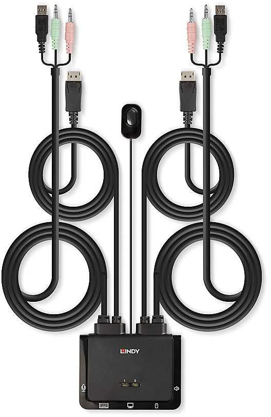 Lindy KVM Perjungiklis - 2 Uostų DisplayPort 1.2 KVM Perjungiklis 4096x2160@60Hz USB 2.0 ir Garso