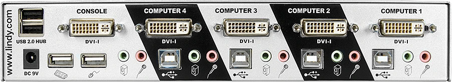 Šakotuvas KVM Jungiklis - LINDY 4 Prievadų DVI-I USB 2.0 Garso KVM Jungiklis 1920x1200@60Hz