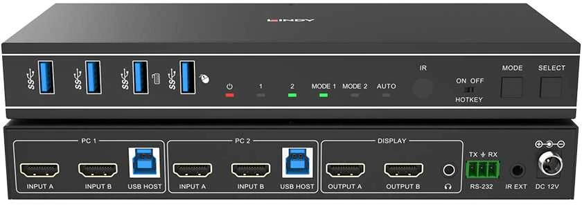 Lindy dvigubas HDMI KVM jungiklis: priekinis ir galinis skydeliai