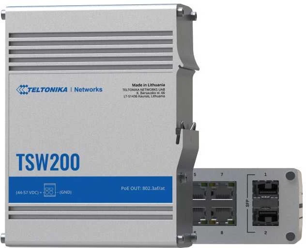 Teltonika | Ethernet komutatorius | TSW200 | Nevaldomas | Stalinis | Gigabito Ethernet (varinis) jungčių kiekis: 8 | 10 Gbps (RJ-45) jungčių kiekis: 0 | SFP jungčių kiekis: 2 | SFP+ jungčių kiekis: 0 | Combo jungčių kiekis: 0 | Maitinimo per Ethernet (PoE) jungčių kiekis: 8 | Maitinimo šaltinio tipas: Apsaugos klasė: IP30 | 24 mėn.