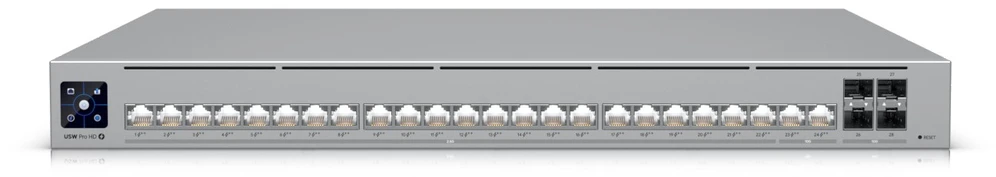 Šakotuvas „UBIQUITI PRO HD 24 POE“ PROFESIONALIOS LYGIO, 3 SLUOKSNIO „ETHERLIGHTING®“ KOMUTATORIUS SU (2) 10 GBE POE++, (22) 2,5 GBE POE++ IR (4) 10G SFP+ PRIEVADAIS. BENDRA POE GALIOS GALIMA 600 W.