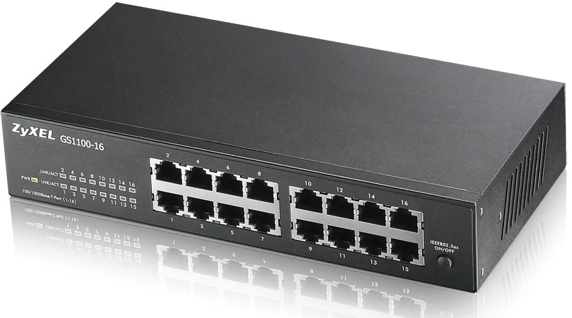 Šakotuvas „Zyxel GS1100-16/16-port 10/100/1000Mbps Gigabit Ethernet“ komutatorius, be ventiliatoriaus, 802.3az (Žalias), darbalaukio