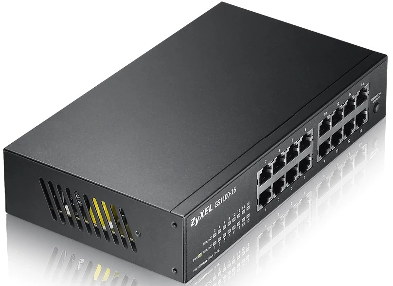 Šakotuvas „Zyxel GS1100-16/16-port 10/100/1000Mbps Gigabit Ethernet“ komutatorius, be ventiliatoriaus, 802.3az (Žalias), darbalaukio