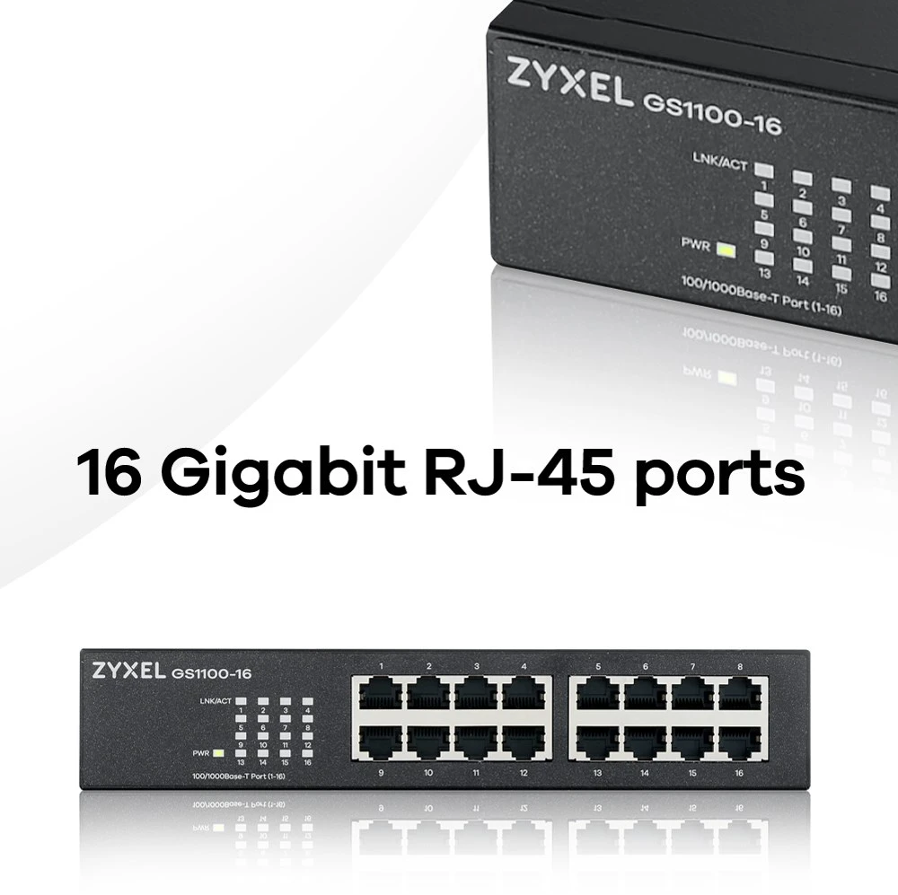 „Zyxel GS1100-16/16-port 10/100/1000Mbps Gigabit Ethernet“ komutatorius, be ventiliatoriaus, 802.3az (Žalias), darbalaukio