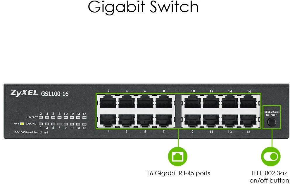 „Zyxel GS1100-16/16-port 10/100/1000Mbps Gigabit Ethernet“ komutatorius, be ventiliatoriaus, 802.3az (Žalias), darbalaukio