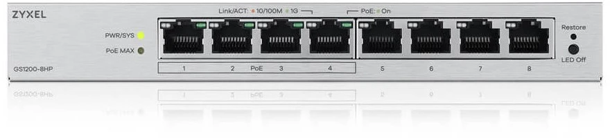Šakotuvas „Zyxel GS1200-8HPV3“ valdomas L2 gigabito Ethernet (10/100/1000) maitinimas per Ethernet (PoE) darbalaukio pilkas