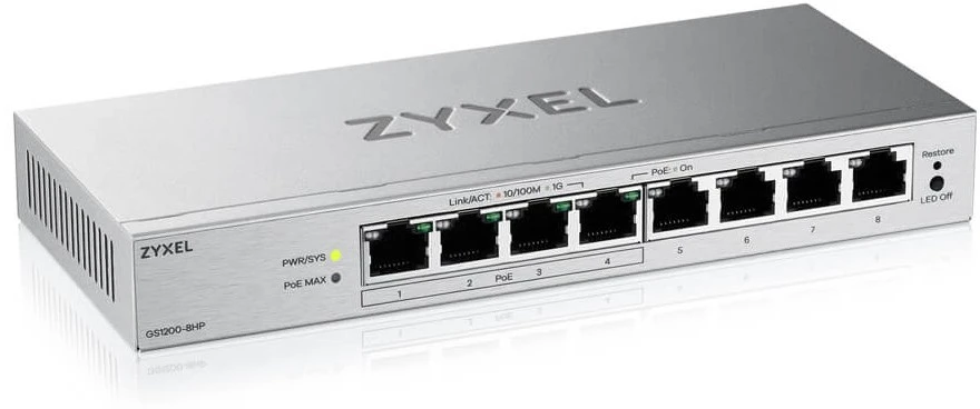 Šakotuvas „Zyxel GS1200-8HPV3“ valdomas L2 gigabito Ethernet (10/100/1000) maitinimas per Ethernet (PoE) darbalaukio pilkas