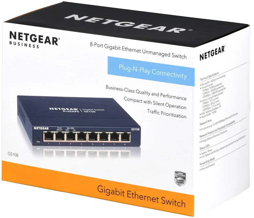 Šakotuvas Netatmo Netgear Switch GS108GE Nevaldomas, Stalinis kompiuteris, 1 Gbps (RJ-45) jungtys kiekis 8, Maitinimo tipas Išorinis