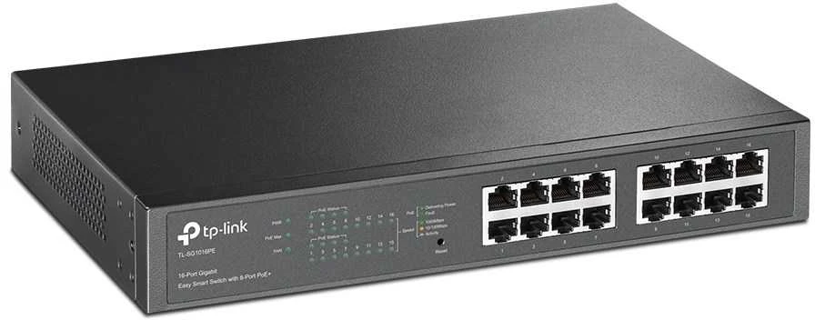 Šakotuvas TP-LINK komutatorius TL-SG1016PE, valdomas žiniatinklyje, montuojamas į stelažą, 1 Gbps (RJ-45) jungčių kiekis: 16, PoE+ jungčių kiekis: 8
