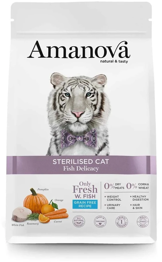 AMANOVA Adult Cat Sterilized žuvis Delikatesas - sausas kačių maistas - 1,5kg