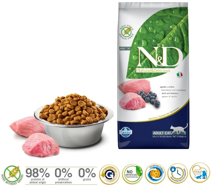 Katės Maistas - Farmina N&D Prime Aviena Ir Mėlynės Suaugusiems 42% Baltymų Be Grūdų 5 Kg