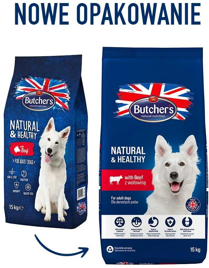 Sausas Šunų Maistas - BUTCHER'S Natural & Healthy su jautiena 15 kg