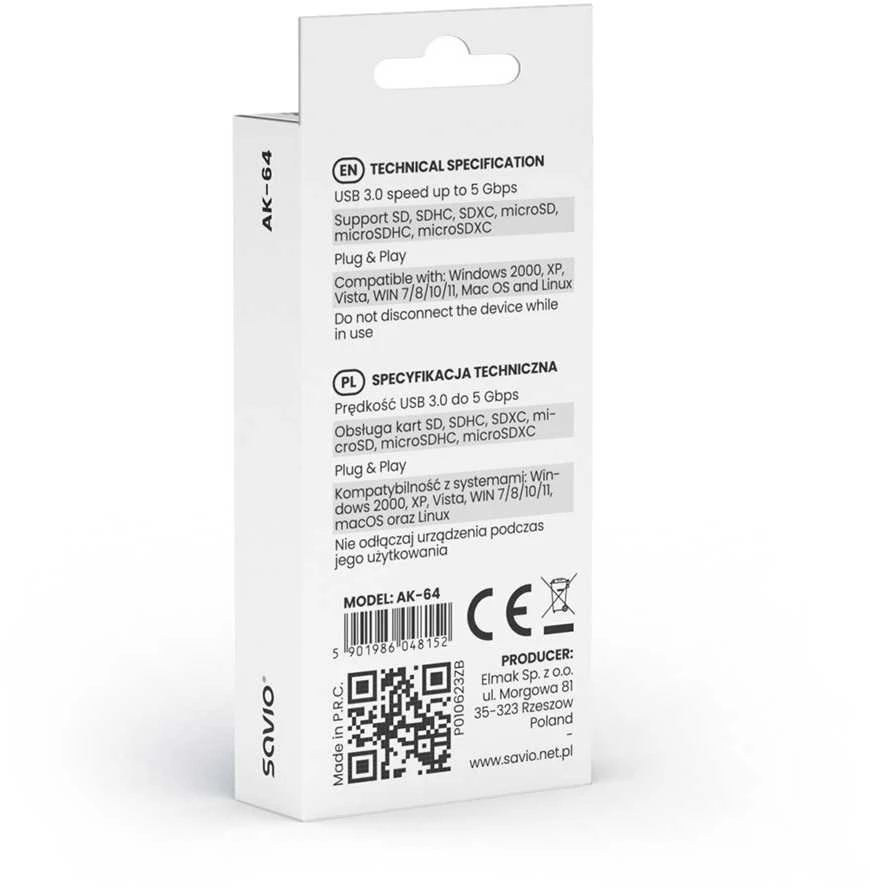 SAVIO SD kortelių skaitytuvas, USB 3.0, AK-64