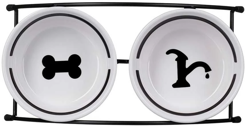TRIXIE Dubenėlių kompl., keramika-metal., 2x0.25 l, ø 13 cm-27x7x14 cm, baltas-juodas