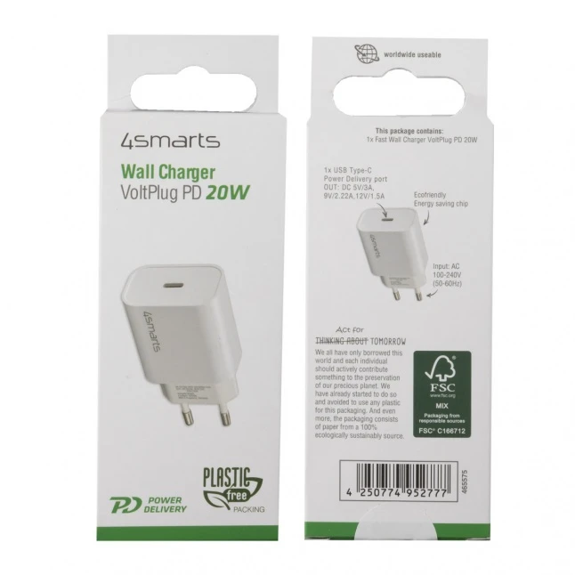 4Smarts sieninis įkroviklis (be laido) VoltPlug PD 20W, baltas