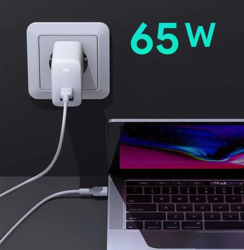 Sieninis Įkroviklis - AUKEY PA-B3 65W 2xUSB (1xUSB-C ir 1xUSB-A) Baltas