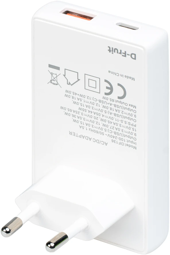 Sieninis Įkroviklis - D-Fruit DF136 65 W GaN Įkroviklis, USB-C/USB-A, PD 3.0/QC