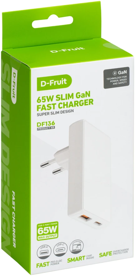 Sieninis Įkroviklis - D-Fruit DF136 65 W GaN Įkroviklis, USB-C/USB-A, PD 3.0/QC