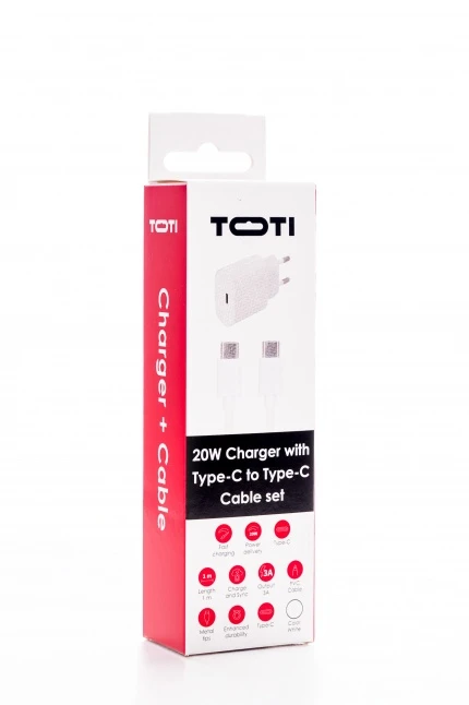 SEEK TOTI 20W Type-C PD Wall Fast Charger with Type-C to Type-C, 1 m PVC Data Cable 3A, Baltas