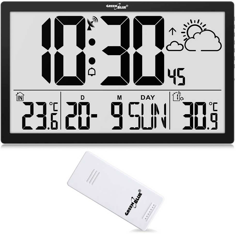 GreenBlue GB218 Extra Large LCD Sieninis laikrodis with Orų stotelė Temperature and Date Ekranas