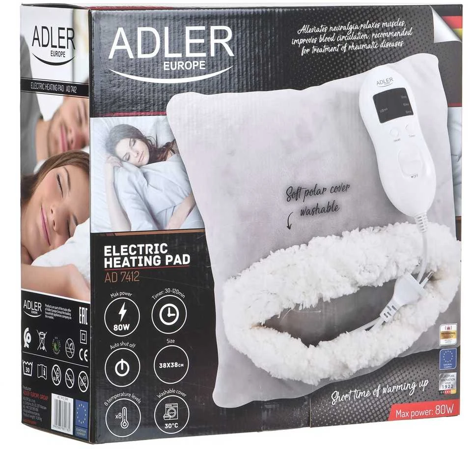 Adler | Blanket Elektrinė šildyklė | AD 7412 | Number of heating levels 8 | Number of persons 1 | Washable | Soft fleece | 80 W | Pilkas
