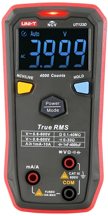 Skaitmeninis multimetras klavišinis 600V AC/DC, 10A AC/DC, NCV, 40MOm, 4000uF, -40-300C, 4000, CAT III 600V, UNI-T