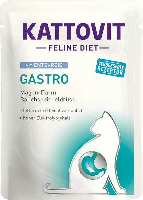 Drėgnas Kačių Maistas - Kattovit Feline Diet Gastro antiena Su Ryžiais 85g