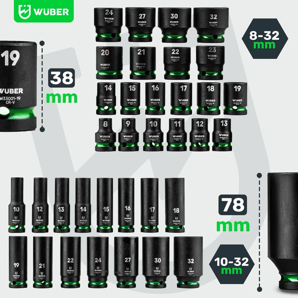 Rinkinys nasadek udarowych długich 35 vnt 1/2" 6-kątne WUBER