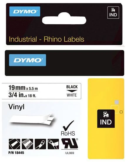 Juostelė DYMO Rhino 19mm x 5.5m, vinilinė, juoda ant balto / S0718620 18445