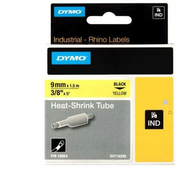DYMO Rhino, kabelių žymėjimo vamzdelis, 9 mm, juodas tekstas ant geltonosio vamzdelio, 1,5 m skirtas kabelio skersmeniui nuo 2,0 mm iki 5,2 mm. DYMO / 18054