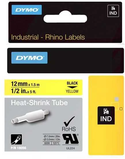 DYMO Rhino Professional, pastebimas susitraukiantis vamzdelis, 12x1,5 mm, juodas tekstas ant geltonos žarnos, 1,5 m, 18056