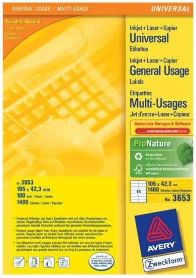 Lipnios etiketės Avery Zweckform, A4, 105×42,3mm, 14 etikėčių lape, be rėmelio, 100 lapų, baltos spalvos