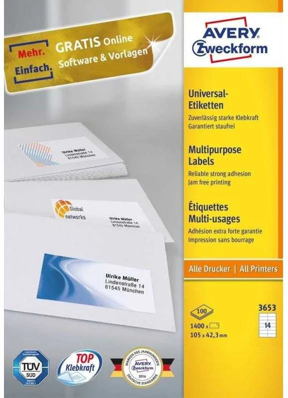 Lipnios etiketės Avery Zweckform, A4, 105×42,3mm, 14 etikėčių lape, be rėmelio, 100 lapų, baltos spalvos
