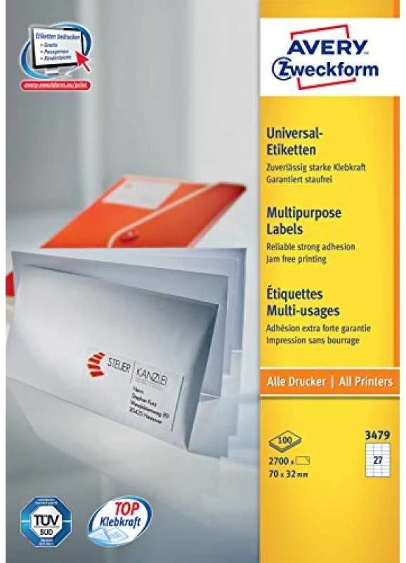 Lipnios etiketės Avery Zweckform, A4, 70x32mm, 27 etiketės lape, 100 lapų, baltos spalvos