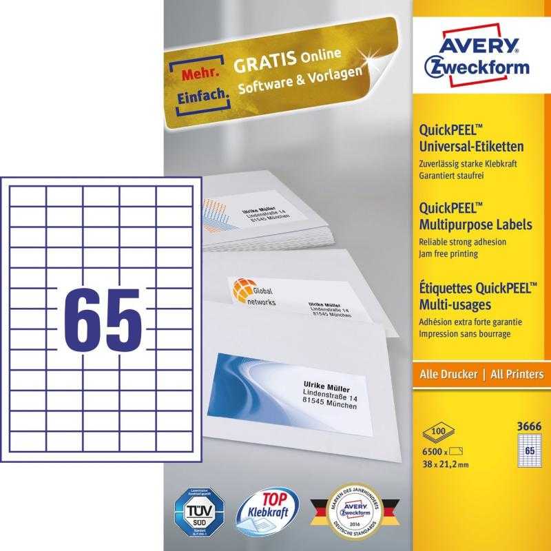 Lipnios etiketės Avery Zweckform, A4, 38×21.2mm, 65 etiketes lape, 100 lapų, baltos spalvos