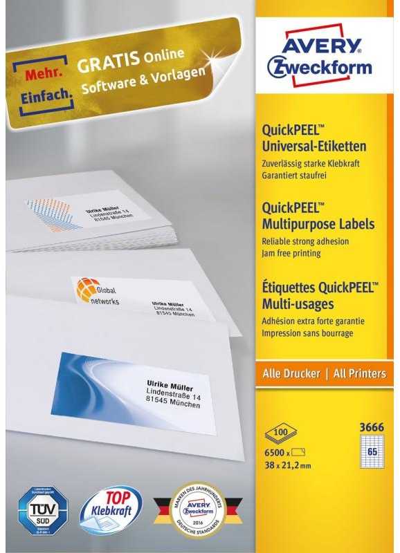 Lipnios etiketės Avery Zweckform, A4, 38×21.2mm, 65 etiketes lape, 100 lapų, baltos spalvos