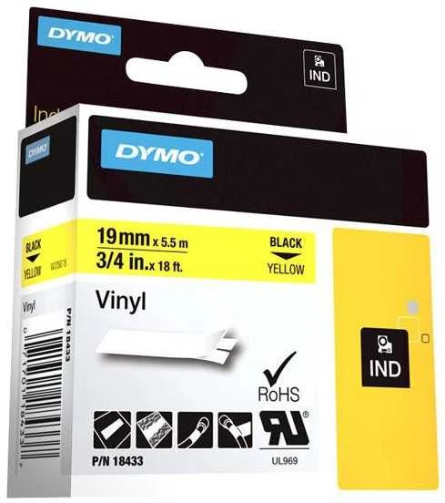 Juostelė DYMO Rhino 19mm x 5.5m, vinilinė, juoda ant geltono / S0718470 18433