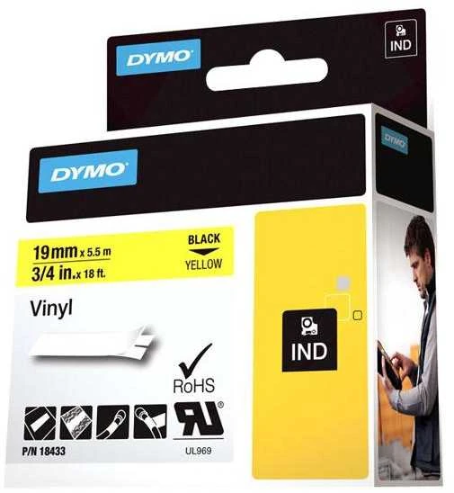 Juostelė DYMO Rhino 19mm x 5.5m, vinilinė, juoda ant geltono / S0718470 18433
