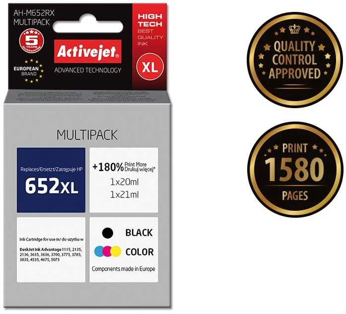 Rašalo kasetė Activejet AH-M652RX (pakaitinė HP 652 F6V25/F6V24, Premium, 1 x 20 ml, 1 x 21 ml, juoda, MultiColor)