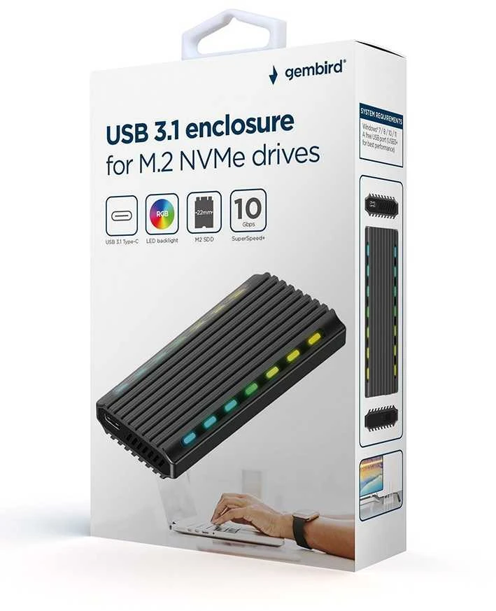 GEMBIRD EE2280-U3C-03 USB 3.1 korpusas M.2 NVMe diskams su foniniu apšvietimu aliuminio