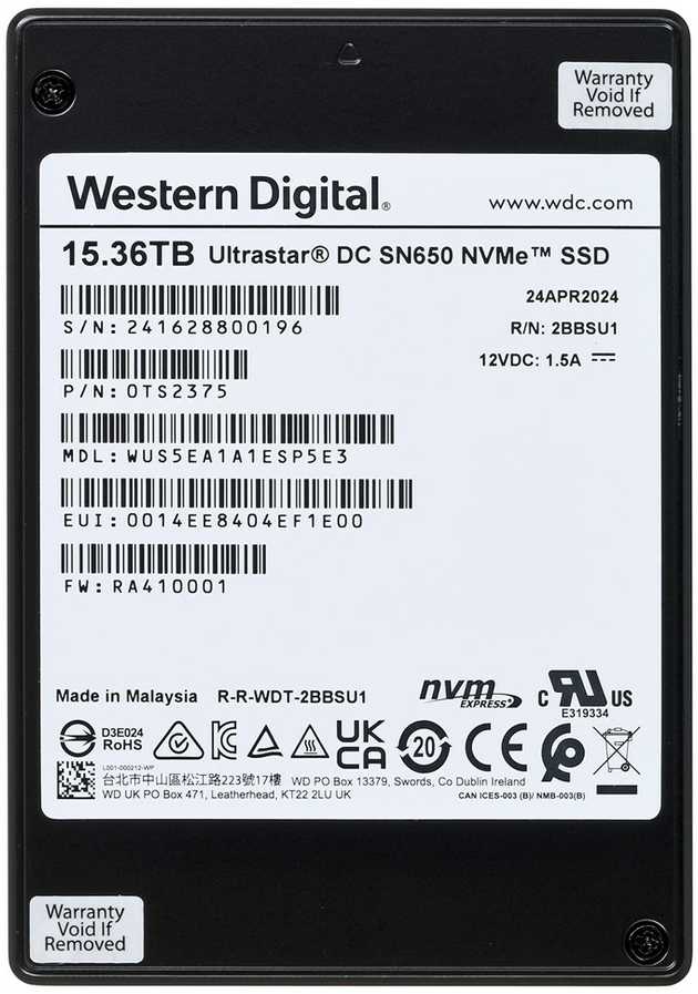 Sandisk SSD - Western Digital Ultrastar DC SN650 15.36TB U.3 NVMe PCIe 4.0 (1 DWPD) ISE