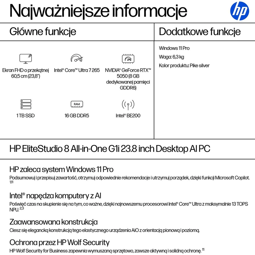 Hewlett Packard (HP) HP Elite Studio 8 AiO G1i Ultra 7 265 23.8"FHD 250nits IPS LBL AG 16GB DDR5 5600 SSD1TB Intel Graphics Cam5MP W11Pro 3Y OnSite