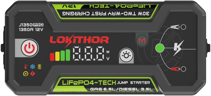 Lokithor J1350 Pro startinio įkroviklio ekranas ir valdymo skydelis